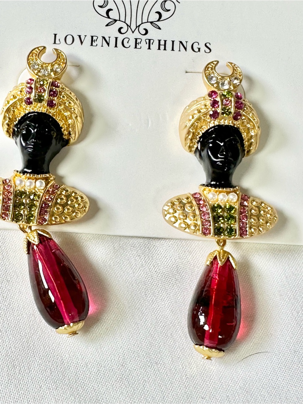 VTG-Inspired Blackmoor Gold-plated Drop Earrings with Ruby Red Teardrops (Posts)